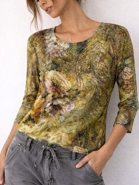 Y2K Fairy Grunge‎ Sheer Mesh Top XS Abstract Floral Earthy Indie